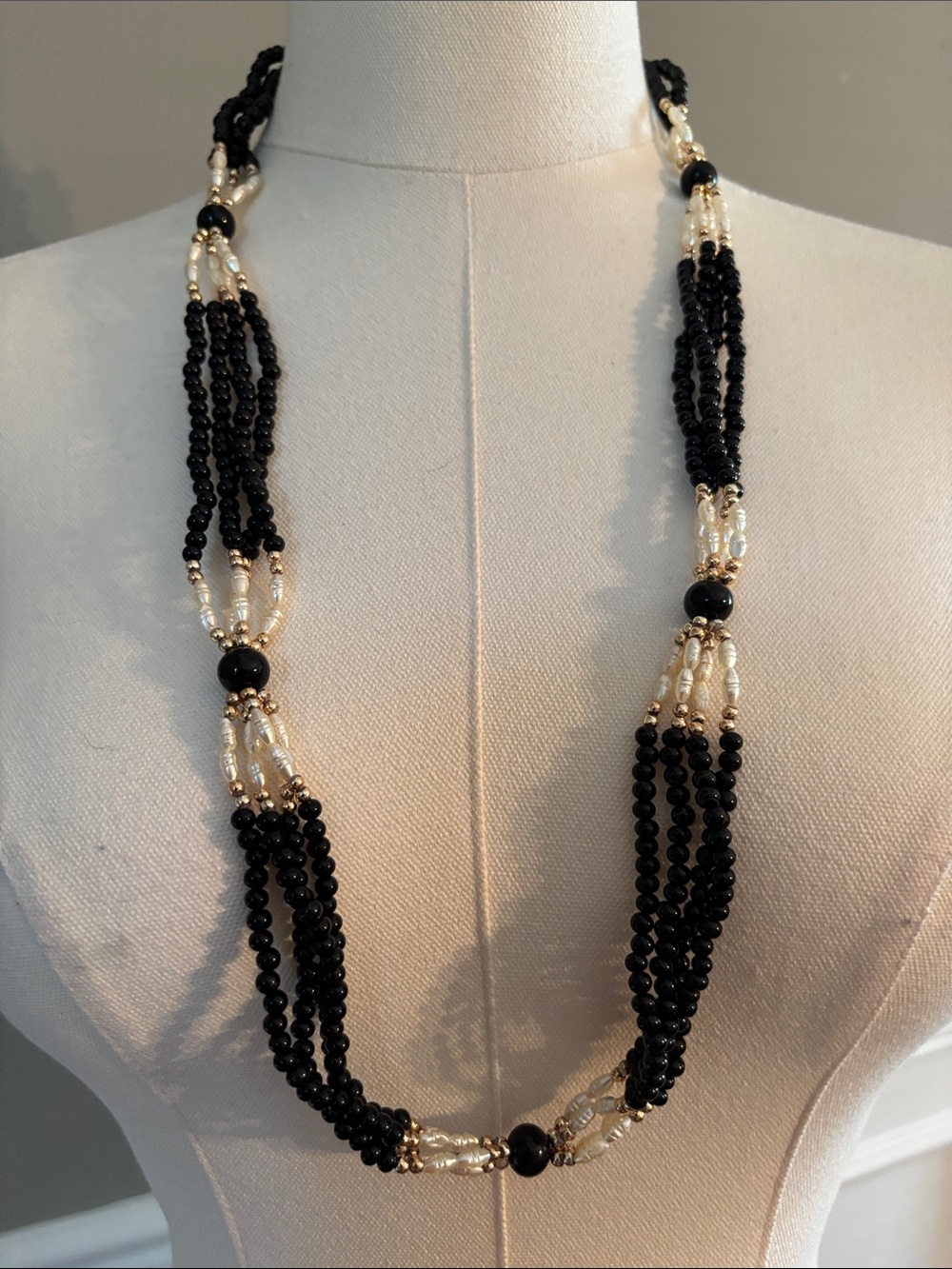 Black and Gold Multi-Strand Beaded Necklace, 30 inches
